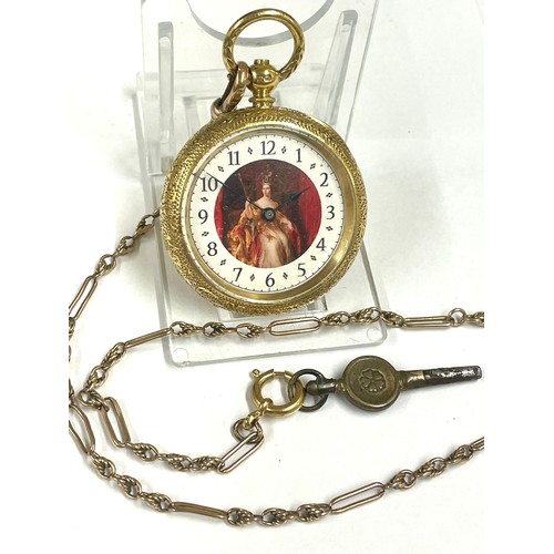 621 - Antique yellow metal ladies pocket watch & 9ct gold chain Queen Victoria dial working but sold with ... 