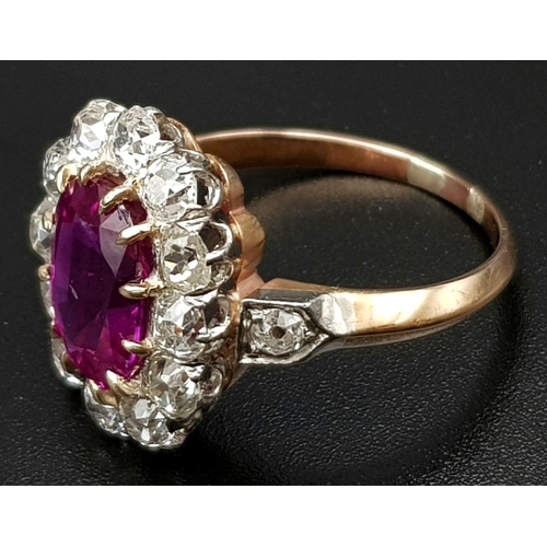 117 - A magnificent 18 K yellow and white gold Ruby & Diamonds ring. Central Burmese Ruby is 3.24 carats, ... 