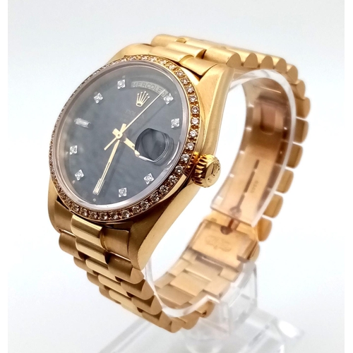 145 - An 18 K yellow gold, gents, ROLEX DAY-DATE OYSTER PERPETUAL watch. 36 mm dial, black face with diamo... 