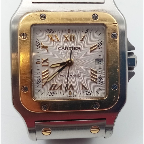 157 - GENTS CARTIER SANTOS 2 TONE WATCH, WHITE FACE AND STAINLESS STEEL STRAP 30MM     9062