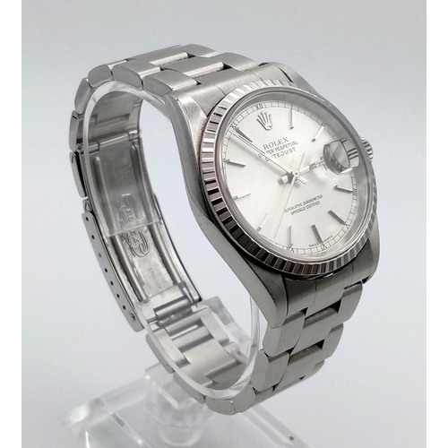 171 - A ROLEX STAINLESS STEEL OYSTER PERPETUAL DATEJUST WUTH SILVERTONE DIAL.  36mm    9106