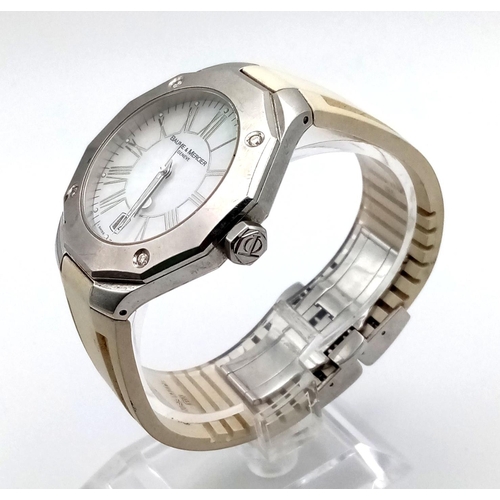 282 - LADIES BAUME MERCIER GENEVE WATCH, WHITE FACE WITH STAINLESS STEEL OUTER, RUBBER STRAP 40MM  9056