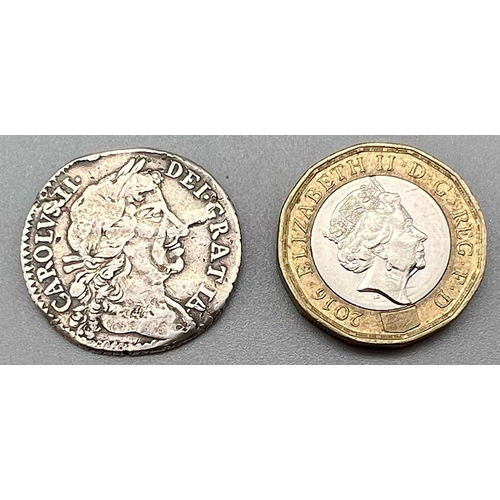 745 - A Charles II 1679 Silver Shilling Coin. Please see photos for conditions.