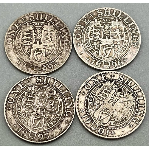 873 - Four Queen Victoria Old Head Silver Shilling Coins. 1893, 1896, 1899, 1901. Please see photos for co... 