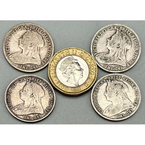 873 - Four Queen Victoria Old Head Silver Shilling Coins. 1893, 1896, 1899, 1901. Please see photos for co... 