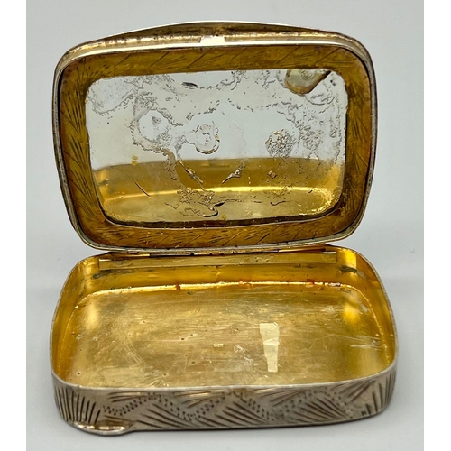 924 - AN ANTIQUE AUSTRIAN SOLID SILVER AND ENAMEL BOX WITH HAND ENGRAVING.  64.2gms  7 x 5 x 1cms