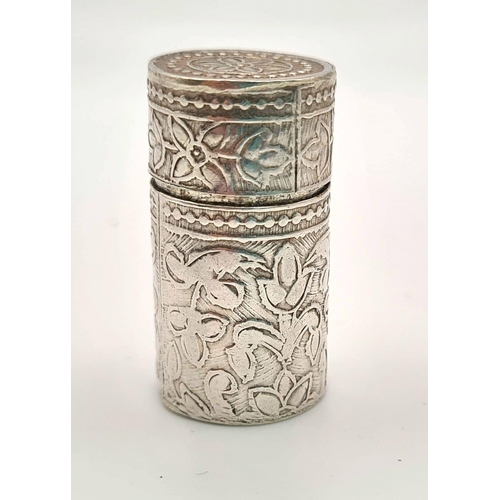 930 - A VINTAGE SOLID SILVER CYLINDER PILL BOX . 3.5 X 2.5.