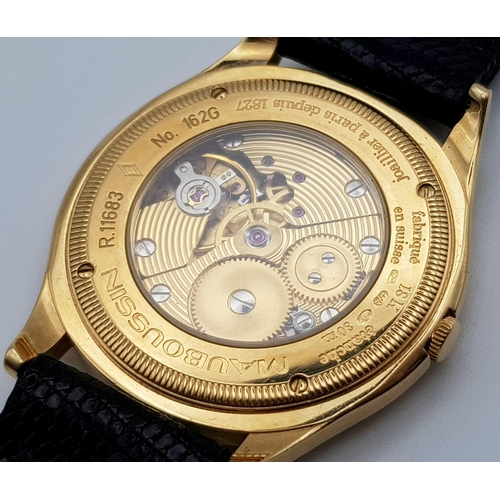 599 - A rare and collectable MAUBOUSSIN 18 K yellow gold watch with diamonds. Swiss made, 34 mm dial. blac... 