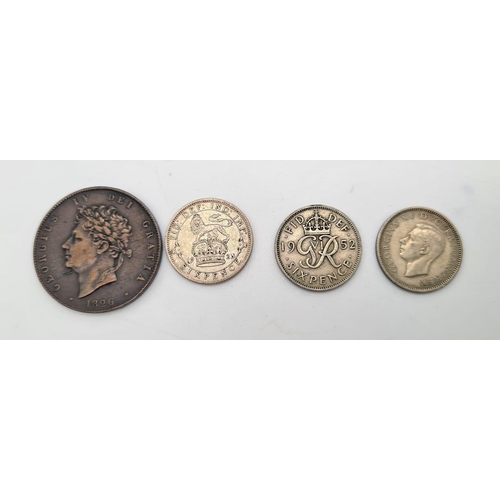 860 - Selection of King George IV, V, and VI Coins. 1826 1/2d, 1925 sixpence - broad rim, 1952 x 2 sixpenc... 