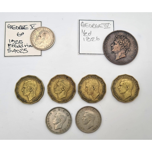 860 - Selection of King George IV, V, and VI Coins. 1826 1/2d, 1925 sixpence - broad rim, 1952 x 2 sixpenc... 