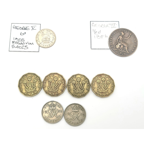 860 - Selection of King George IV, V, and VI Coins. 1826 1/2d, 1925 sixpence - broad rim, 1952 x 2 sixpenc... 