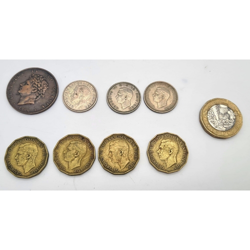 860 - Selection of King George IV, V, and VI Coins. 1826 1/2d, 1925 sixpence - broad rim, 1952 x 2 sixpenc... 