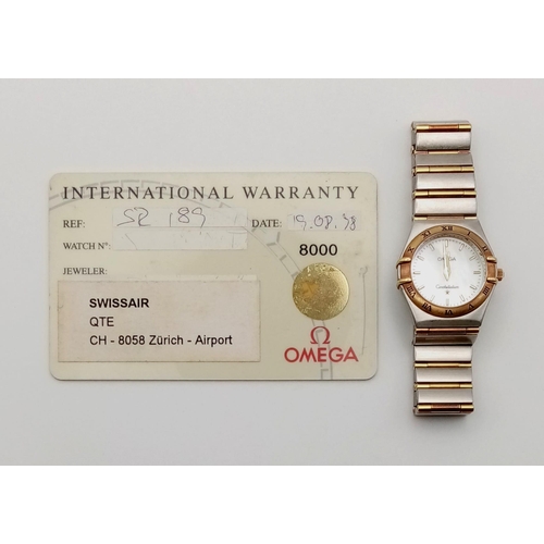 316 - LADIES 2 TONE OMEGA CONSTELLATION WATCH, WHITE DIAL  25MM     9058