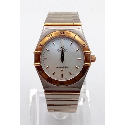 316 - LADIES 2 TONE OMEGA CONSTELLATION WATCH, WHITE DIAL  25MM     9058