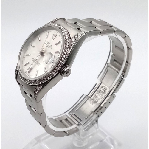 619 - A gents, stainless steel ROLEX DATE watch with diamonds. 36 mm dial in good condition and working or... 