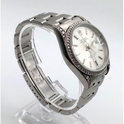 619 - A gents, stainless steel ROLEX DATE watch with diamonds. 36 mm dial in good condition and working or... 