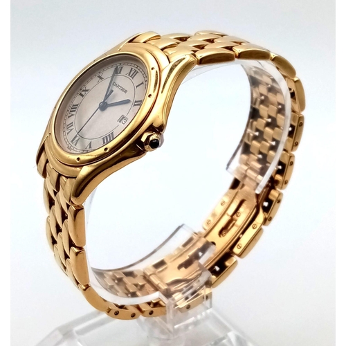 681 - A very stylish, gents, CARTIER watch. 18 K yellow gold, with date, blue sapphire on winder, 33 mm di... 