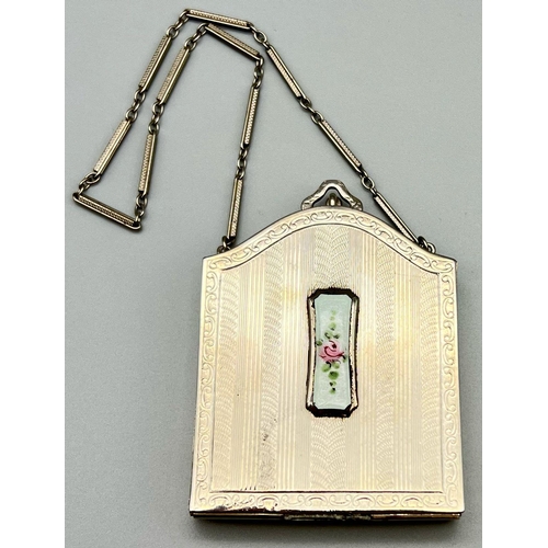 857 - An Early White Metal and Enamel Sovereign Holder Purse -  with original chain. 8 x 6cm. 100g total w... 