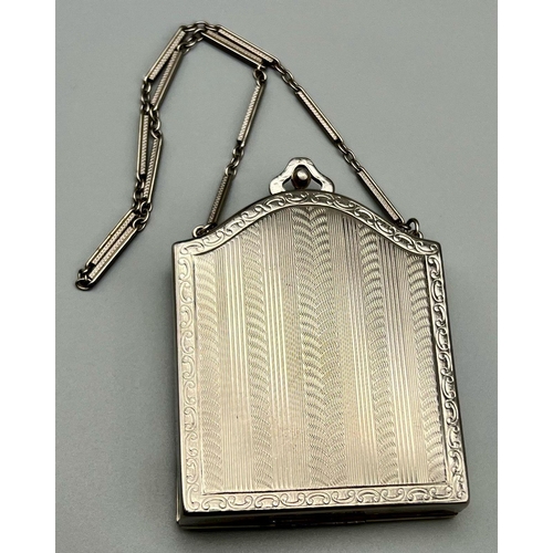 857 - An Early White Metal and Enamel Sovereign Holder Purse -  with original chain. 8 x 6cm. 100g total w... 