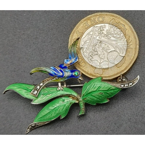 1047 - An Antique French 935 Silver and Enamel Bird and Leaf Brooch. 4.5 x 2.5cm