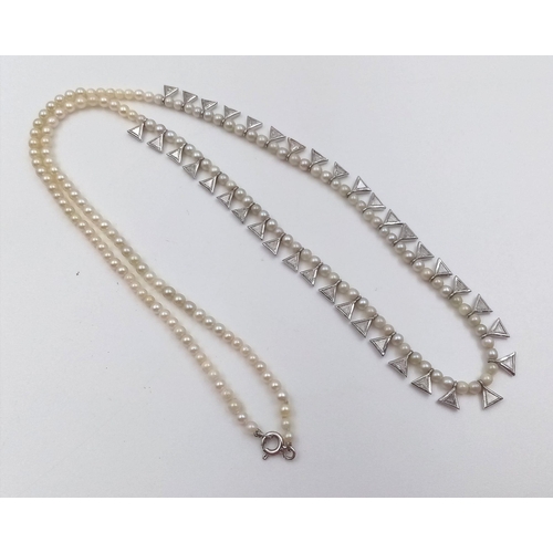 670 - A SEED PEARL AND TRIANGULAR DIAMOND NECKLACE SET IN 14K WHITE GOLD.  11.2gms   48cms