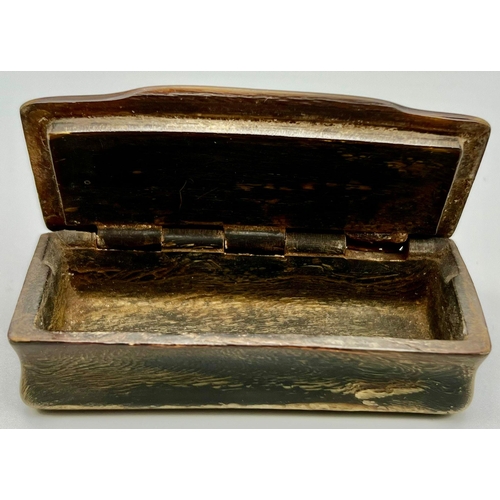 852 - A Victorian Wood and Silver Snuff or Trinket Box. Lid needs repair work so A/F. 8.5 x 5cm.