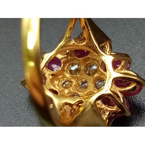 1025 - A STUNNING 18K GOLD RUBY AND DIAMOND CLUSTER RING WITH TOP QUALITY STONES.   5.3gms   size M