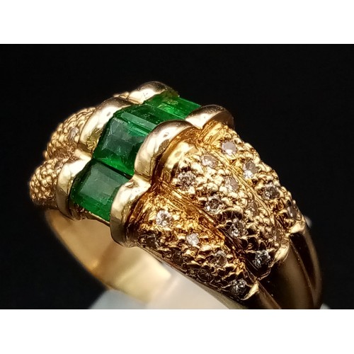 1137 - A FABULOUS 14K GOLD EMERALD AND DIAMOND RING. 9.62gms  size O