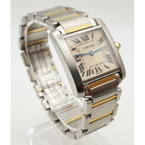 633 - A stainless steel CARTIER watch. 25 mm square dial, blue sapphire on winder, quartz movement, in exc... 