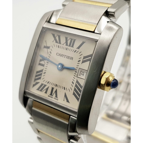 633 - A stainless steel CARTIER watch. 25 mm square dial, blue sapphire on winder, quartz movement, in exc... 