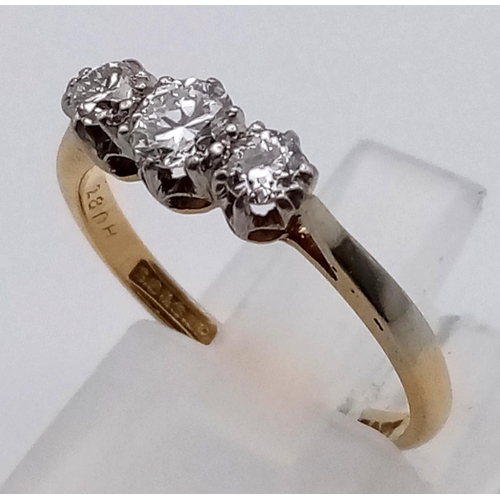 1086 - 18k Yellow Gold and Platinum 3 stone Diamond ring, size L 0.50cts diamond 2.1g