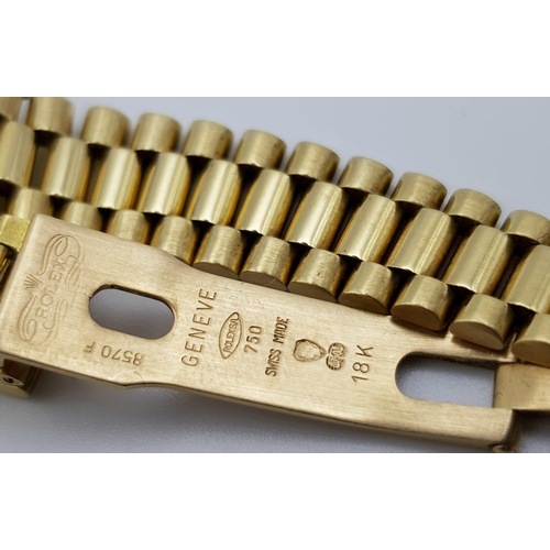 667 - An 18 k yellow gold, ladies, ROLEX DATEJUST watch. 26 mm dial, black face with gold hands and hour m... 