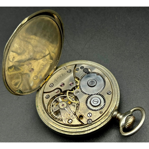 990 - An Antique Silver Doxa Pocket Watch. 5cm diameter. Sub second dial. 85.5g total weight. A/F