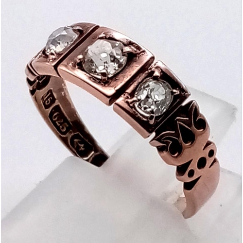 1081 - A Georgian Triple Diamond set 15k Rose Gold ring, 0.65cts diamond size N1/2 2.93G