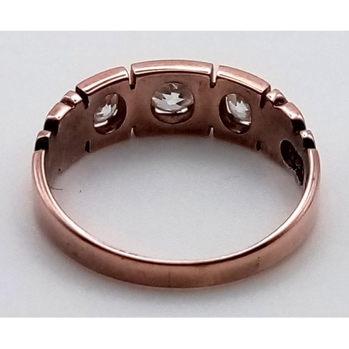 1081 - A Georgian Triple Diamond set 15k Rose Gold ring, 0.65cts diamond size N1/2 2.93G