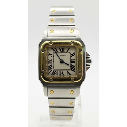 710 - A ladies, stainless steel CARTIER watch. 23 mm square dial, sapphire on winder, quartz movement. In ... 