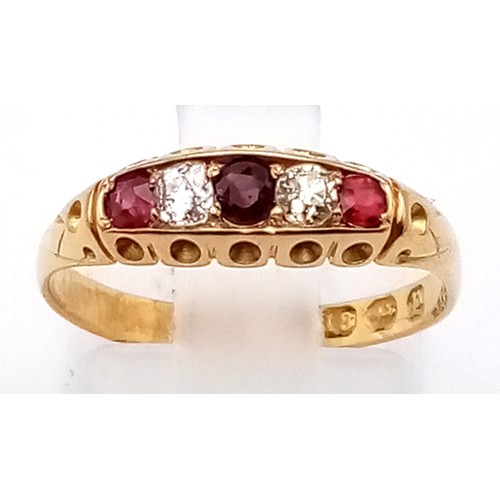 1100 - 18k Yellow Gold Five Stone Ruby and Diamond Ring 0.50ct diamond size M1/2 2.3g