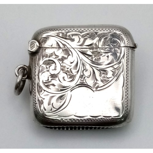 381 - An Antique Silver Vesta Case. Hallmarks for Birmingham 1906. Makers mark of John Gilbert. 3.5 x 3.5c... 