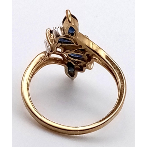 404 - 9K YELLOW GOLD  DIMAOND & BLUE STONE FANCY CLUSTER RING 2.4G SIZE L