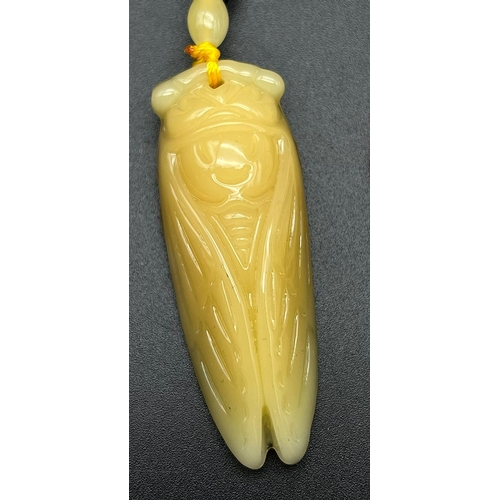 1031 - Chinese Jade carved lucky beads necklace with a a Grasshopper pendant. 39.5cm in length