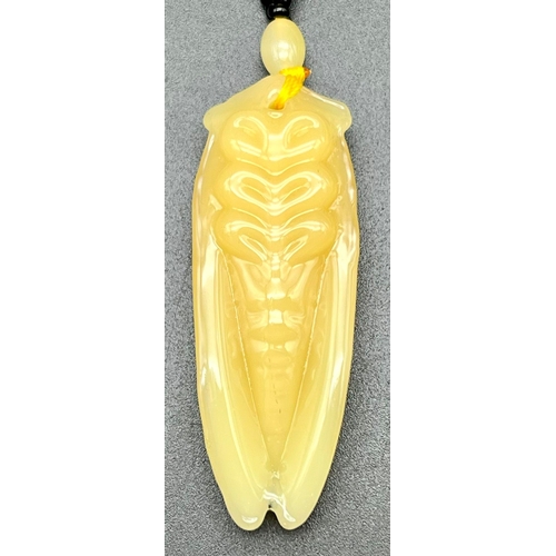 1031 - Chinese Jade carved lucky beads necklace with a a Grasshopper pendant. 39.5cm in length