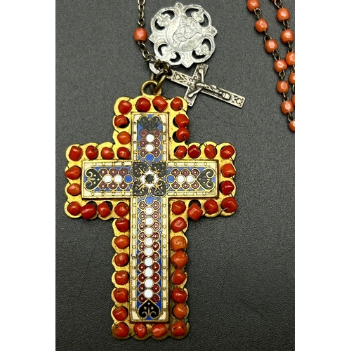 1058 - Antique Victorian coral necklace with rosary beads together with one enamel coral cross. total lengt... 