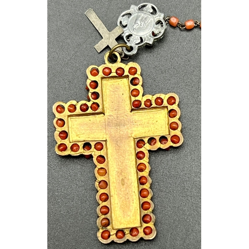 1058 - Antique Victorian coral necklace with rosary beads together with one enamel coral cross. total lengt... 