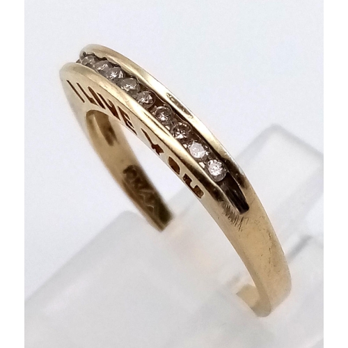 418 - 9K YELLOW GOLD DIAMOND 1/2 ET RING WITH I LOVE YOU CUT OUT OF SIDE OF RING 0.10CT 2.1G SIZE N