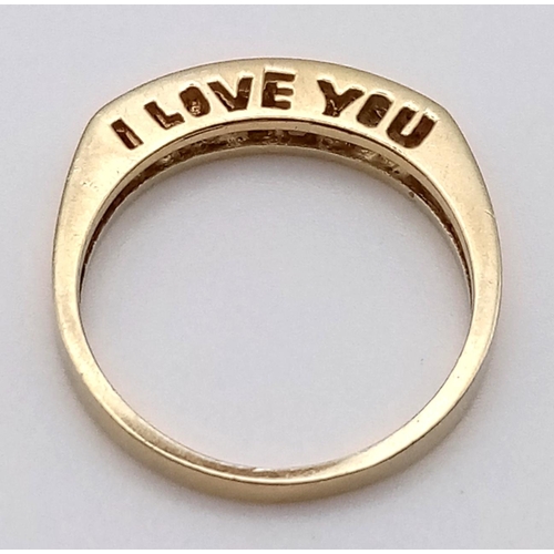 418 - 9K YELLOW GOLD DIAMOND 1/2 ET RING WITH I LOVE YOU CUT OUT OF SIDE OF RING 0.10CT 2.1G SIZE N