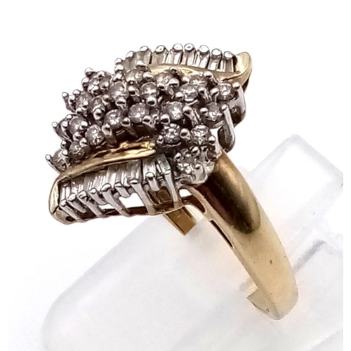 187 - 9K YELLOW GOLD FANCY CLUSTER RING 0.65CT 4G SIZE P