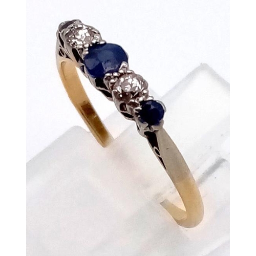 369 - 18K YELLOW GOLD DIAMOND & SAPPHIRE 5 STONE RING      1.6G   SIZE L