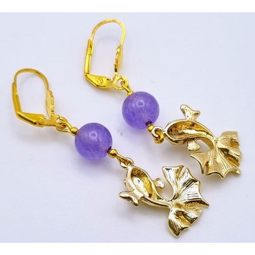 931 - A Pair of 18K Gold Plated Lavender Jade Leverback Earrings. With fish drop pendant decoration. 4cm.