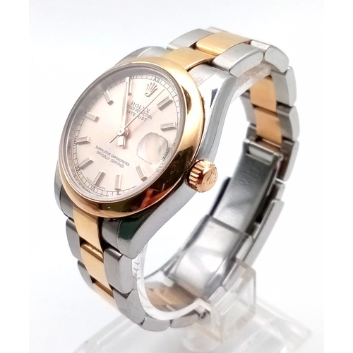 164 - the mid size uni-sex rolex oyster perpetual datejust watch in bi-metal with pink dial. 31mm  (9110)