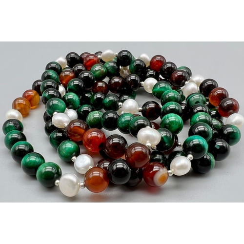 201 - A Wonderful Cultured Freshwater Pearl, Agate and Tigers Eye Hand-Made long Necklace. 925 Silver Clas... 